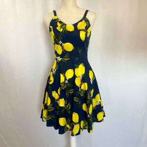 Lemon Print Navy Dress Mini Women's M Goobsgs Fit & Flare Spaghetti Straps Retro